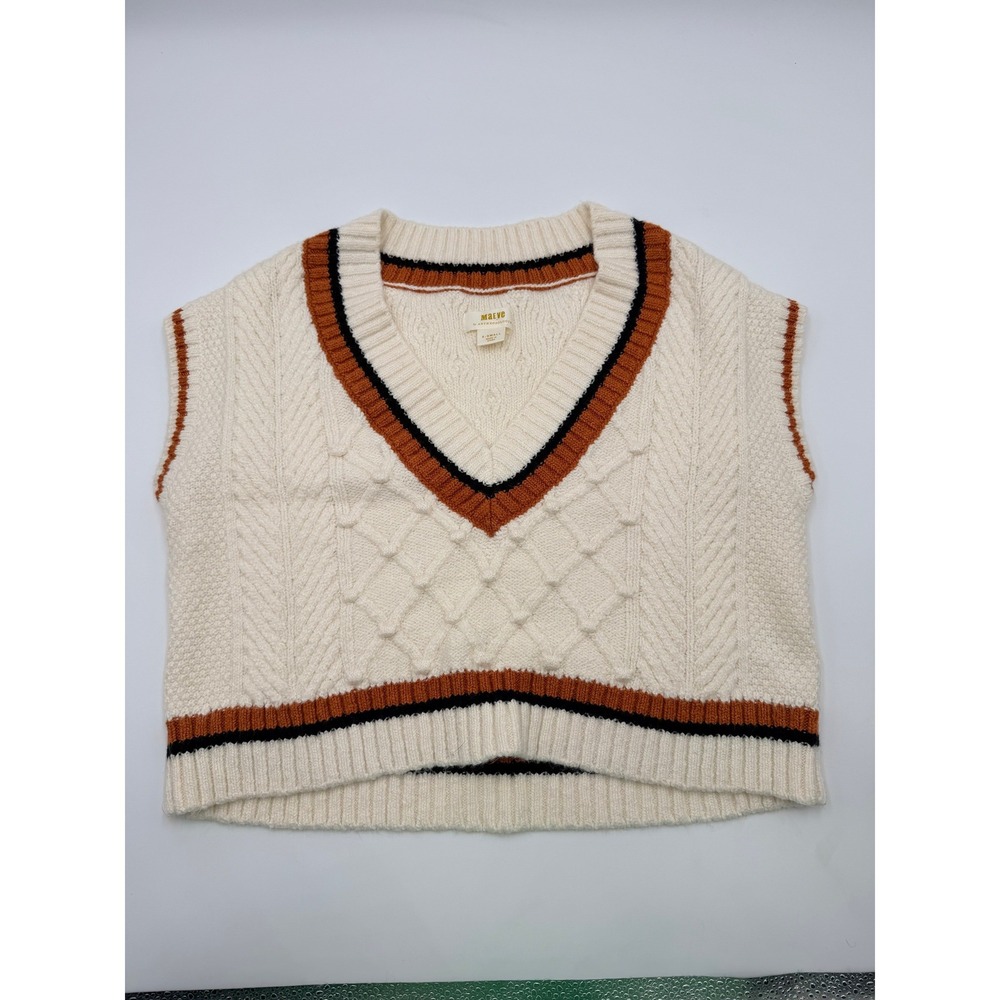 Maeve Anthropologie Chunky Cable Knit Sweater Vest Ivory Burnt Orange V-Neck XS